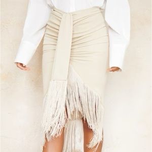 PrettyLittleThing Cream Tassel Hem Midi Skirt